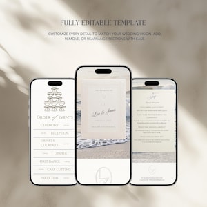 May include: Three smartphones display a fully editable wedding template. The left screen shows an order of events with a champagne tower graphic. The center screen displays a wedding invitation. The right screen shows a frequently asked questions page.