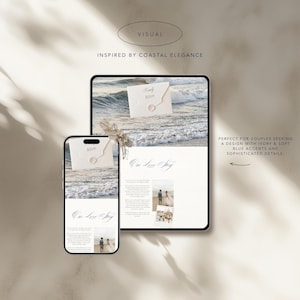 May include: A tablet and a smartphone displaying a digital wedding invitation template. The screen shows an image of ocean waves, an envelope with a wax seal, the text Our Love Story, and small photographs of a couple on a beach.