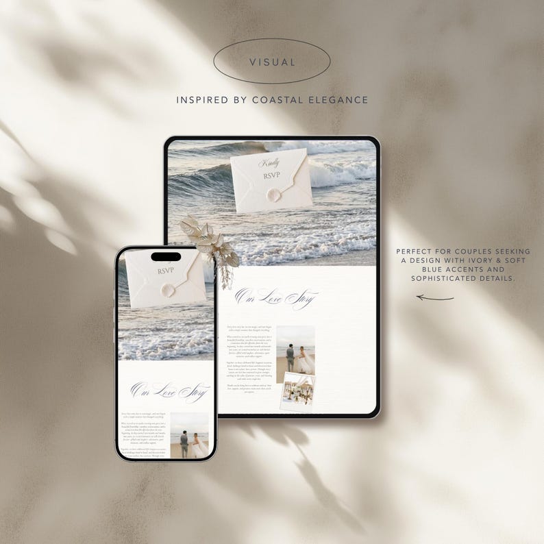 May include: A tablet and a smartphone displaying a digital wedding invitation template. The screen shows an image of ocean waves, an envelope with a wax seal, the text Our Love Story, and small photographs of a couple on a beach.