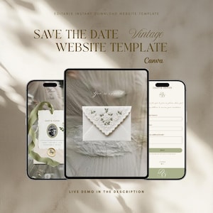 Może przedstawiać: Cyfrowy szablon strony internetowej ślubnej wyświetlany na tablecie i dwóch smartfonach. Szablon ma styl vintage z tekstem "SAVE THE DATE" i "Vintage WEBSITE TEMPLATE". Projekt zawiera zaproszenie i formularz.