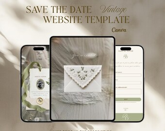 Vintage Wedding Website Template Canva | Save the Date + RSVP | Olive green wedding website | Canva wedding website.