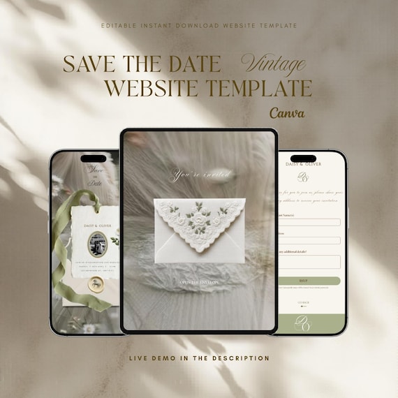Vintage Wedding Website Template Canva | Save the Date + RSVP | Olive green wedding website | Canva wedding website.