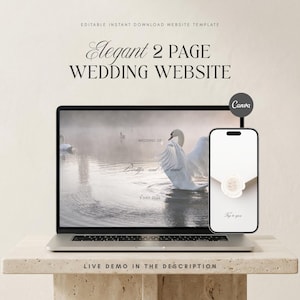 Könnte beinhalten: Ein Laptop und ein Smartphone zeigen eine Hochzeit Website Vorlage. Der Laptop-Bildschirm zeigt Schwäne auf einem See, mit dem Text "Wedding of" und einem Datum. Das Smartphone zeigt ein Hochzeits-Einladungsdesign. Der Text oben lautet "Elegant 2 PAGE WEDDING WEBSITE."