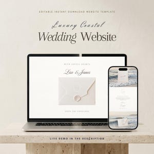 May include: An editable instant download website template for a luxury coastal wedding website displayed on a laptop and smartphone screen. The design features a white envelope with a seashell wax seal, the text Lisa & James, and ocean imagery.
