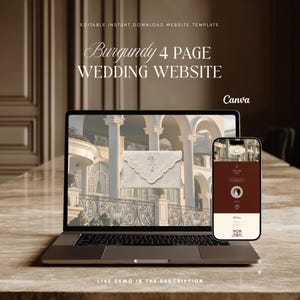 May include: A laptop and smartphone displaying a wedding website template. The laptop screen shows a detailed invitation design, while the phone showcases the website's layout. Text on the screen reads "Burgundy 4 PAGE WEDDING WEBSITE" and "Canva".