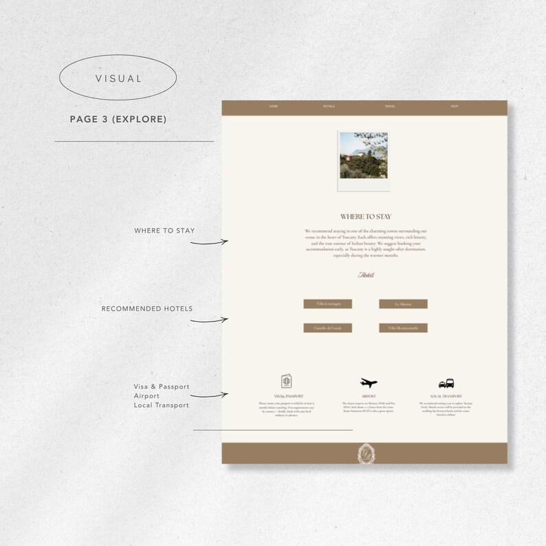 May include: A webpage design with a beige and brown color scheme. The page includes the text "VISUAL", "PAGE 3 (EXPLORE)", "WHERE TO STAY", and "RECOMMENDED HOTELS". There are also icons for Visa & Passport, Airport, and Local Transport.