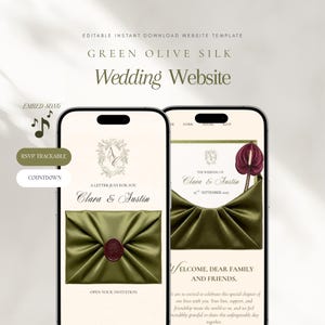 Può includere: Due smartphone mostrano un modello di sito web per matrimoni intitolato Green Olive Silk. Gli schermi presentano uno sfondo color crema, una grafica di busta in seta verde oliva con sigillo in ceralacca, un fiore di anthurium rosso scuro e i nomi Clara & Austin.