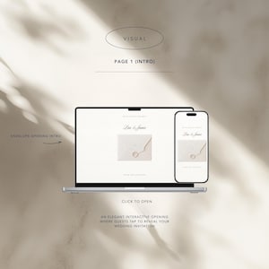 May include: A laptop and a smartphone displaying a digital wedding invitation interface. The screen shows the text Lisa & James above an envelope graphic with a wax seal. Text on the screen includes Visual, Page 1 (Intro), Envelope Opening Intro, and Click to Open.
