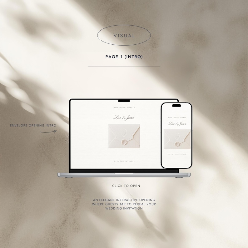 May include: A laptop and a smartphone displaying a digital wedding invitation interface. The screen shows the text Lisa & James above an envelope graphic with a wax seal. Text on the screen includes Visual, Page 1 (Intro), Envelope Opening Intro, and Click to Open.
