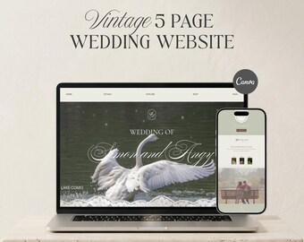 Vintage Wedding Website with rsvp, Elegant wedding template Canva, Swan Lake wedding invitation, Sage green wedding invitation Italy