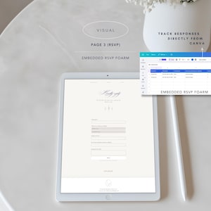 May include: A tablet displaying a digital RSVP form with the text "Kindly reply" and "EMBEDDED RSVP FOARM". A small inset window shows a spreadsheet titled "EMBEDDED RSVP FOARM" with columns for responder names, timestamps, and attendance status.