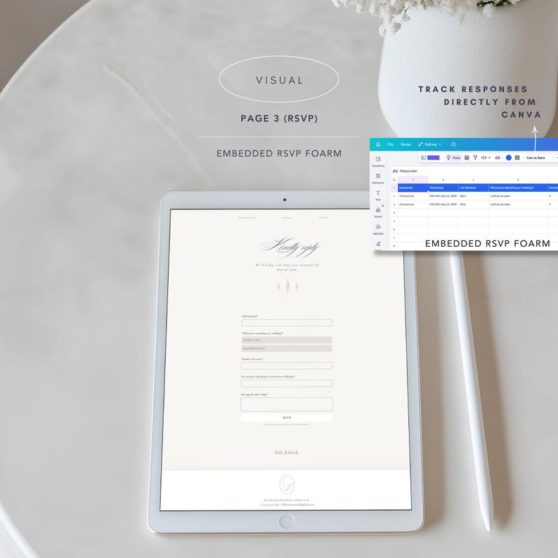 May include: A tablet displaying a digital RSVP form with the text "Kindly reply" and "EMBEDDED RSVP FOARM". A small inset window shows a spreadsheet titled "EMBEDDED RSVP FOARM" with columns for responder names, timestamps, and attendance status.