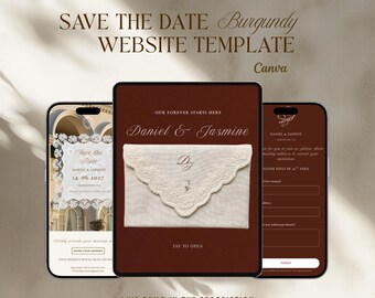 Save the Date Wedding Website Template Canva | Burgundy Old Money Bridal Website | Instant Download