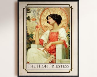 The High Priestess Tarot Card Framed Art, Vintage Boho Witchy Decor, Oak Wood Frame