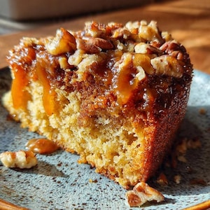 Könnte beinhalten: Ein Stück Kuchen mit goldbrauner Krume, bedeckt mit Karamellsauce und gehackten Pekannüssen. Der Kuchen liegt auf einem blauen Teller, mit ein paar Pekannussstücken darum verstreut. Das Karamell tropft an der Seite des Kuchens herunter.