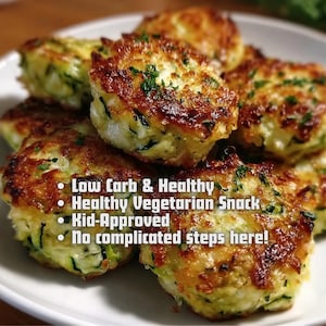 May include: A plate of golden-brown, round, baked vegetable patties. The patties are garnished with green herbs and have a slightly crispy exterior. Text on the image reads: Low Carb & Healthy, Healthy Vegetarian Snack, Kid-Approved, No complicated steps here!