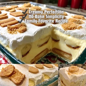 Op de afbeelding: Een gelaagd dessert in een rechthoekige glazen schaal. Het dessert heeft lagen van vanillepudding, plakjes banaan en koekjes, gegarneerd met slagroom en koekkruimels. De tekst op de afbeelding luidt "Creamy Perfection, No-Bake Simplicity, Family-Favorite Recipe."