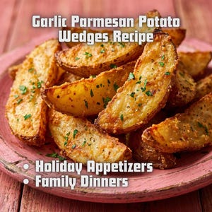 May include: A pile of golden-brown roasted potato wedges seasoned with garlic, parmesan cheese, and green herbs on a pink plate. The text reads: Garlic Parmesan Potato Wedges Recipe, Holiday Appetizers, and Family Dinners.