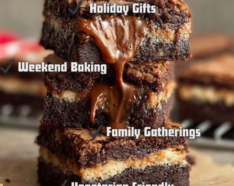 Receta de brownie de chocolate relleno de crema de galletas, brownies de chocolate, postre gourmet estilo panadería, receta casera en PDF, tarjeta de receta digital, fácil de preparar.