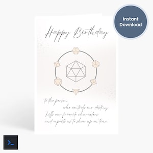 May include: A white birthday card with the text "Happy Birthday" in elegant script. The card features a geometric design with a central shape surrounded by smaller shapes. The card also includes the text "Instant Download".