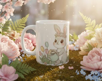 Tazza con coniglietto carino, tazza con coniglietto primaverile, tazza con coniglio kawaii, tazza con coniglietto floreale, tazza da caffè estetica, regalo per lei, tazza pastello, tazza con animale carino