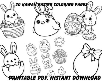 Disegni di Pasqua da colorare per bambini dai 3 agli 8 anni, simpatico coniglietto in PDF stampabile, oltre 20 pagine, attività pasquale kawaii, libro da colorare per la scuola materna, download immediato.