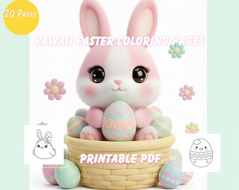 Disegni di Pasqua Kawaii da colorare per bambini, libro da colorare con coniglietto e pulcino in formato PDF stampabile, simpatiche pagine di attività pasquali, download immediato, 20 pagine