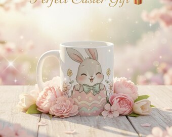 Tazza con coniglietto pasquale, graziosa tazza da caffè regalo, tazza con coniglietto kawaii, tazza estetica primaverile, regalo di Pasqua per lei, tazza da caffè in ceramica
