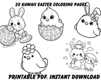 Libro da colorare di Pasqua Kawaii per bambini dai 3 agli 8 anni, oltre 20 pagine da colorare con simpatici coniglietti, PDF stampabile, attività prescolare, download immediato.