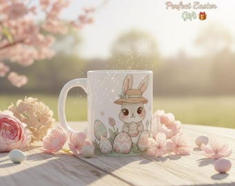 Tazza con coniglietto pasquale carino, Tazza con coniglietto e uovo di Pasqua, Tazza con coniglio kawaii, Tazza da caffè primaverile, Regalo di Pasqua per lei, Tazza con coniglietto pastello, Decorazione pasquale