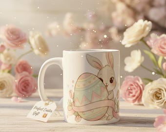 Tazza con coniglietto pasquale, tazza con uovo di Pasqua color pastello, tazza con coniglio kawaii, tazza da caffè primaverile, regalo per lei, regalo per gli amanti dei coniglietti