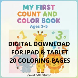 Könnte beinhalten: Ein digitales Malbuch für Kinder im Alter von 3-5 Jahren mit dem Titel "MY FIRST COUNT AND COLOR BOOK". Das Cover zeigt Illustrationen einer Giraffe, eines Elefanten und eines Löwen, mit dem Text "20 COLORING PAGES".
