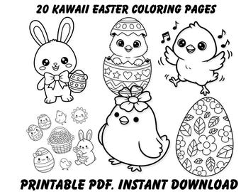 Disegni di Pasqua Kawaii da colorare in PDF stampabile, libro da colorare con coniglietti carini per bambini, attività pasquali, download immediato, 20 pagine