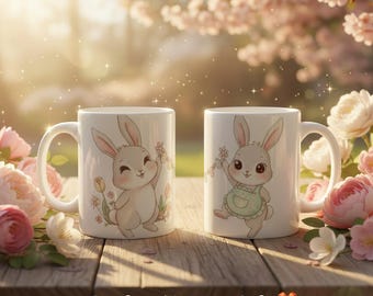 Tazza con coniglietto pasquale, graziosa tazza da caffè regalo, tazza con coniglietto kawaii, tazza estetica primaverile, regalo di Pasqua per lei, tazza da caffè in ceramica