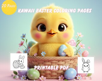Libro da colorare di Pasqua Kawaii per bambini dai 3 agli 8 anni, pagine da colorare con simpatici coniglietti, PDF stampabile, attività pasquale per la scuola materna, download immediato.
