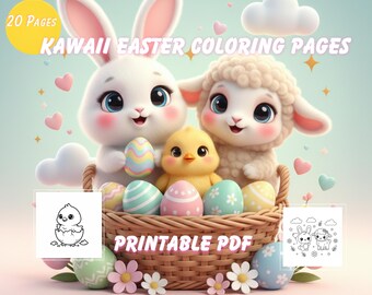 Libro da colorare di Pasqua per bambini dai 3 agli 8 anni, simpatiche pagine da colorare con coniglietti, oltre 20 PDF stampabili, libro di attività pasquali Kawaii, schede didattiche per la scuola materna.