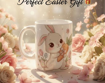 Tazza con coniglietto carino, tazza kawaii con coniglio e carota, adorabile tazza da caffè con animale, tazza estetica pastello, regalo per amanti dei conigli, tazza primaverile, regalo per lei