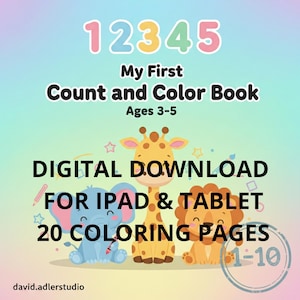 Könnte beinhalten: Titelbild eines digitalen Malbuchs mit dem Titel "My First Count and Color Book" für Kinder im Alter von 3-5 Jahren. Auf dem Cover sind die Zahlen 1-5 abgebildet. Es gibt Illustrationen eines Elefanten, einer Giraffe und eines Löwen.