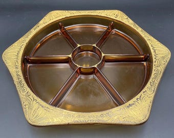 Bandeja hexagonal dividida Tiffin para servir salsa vegetariana, vidrio ámbar con borde dorado, 33 cm