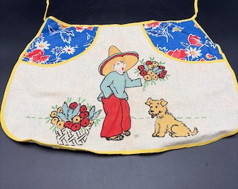 Delantal corto estilo años 50 con pinzas para la ropa, bordado a mano con sombrero, flores y perro.