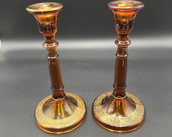 Candelabros antiguos de ámbar con detalles dorados, juego de 2