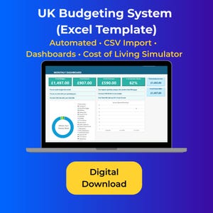 Könnte beinhalten: Ein Laptop-Bildschirm zeigt eine Budgetvorlage mit der Aufschrift "UK Budgeting System (Excel Template)". Der Bildschirm zeigt ein Dashboard mit Finanzdaten und ein Kreisdiagramm. Eine gelbe Schaltfläche unten zeigt "Digital Download".