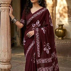 Sari en pur coton batik • Sari à imprimé floral facile à draper avec pièce de blouse assortie • Sari prêt-à-porter