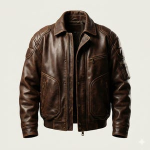 Peut inclure: Veste de bombardier en cuir marron avec un design classique. La veste pr&eacute;sente un col, plusieurs poches et une fermeture &eacute;clair sur le devant. La veste a un aspect vieilli et un ourlet et des poignets c&ocirc;tel&eacute;s.