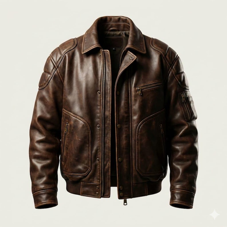 Peut inclure: Veste de bombardier en cuir marron avec un design classique. La veste pr&eacute;sente un col, plusieurs poches et une fermeture &eacute;clair sur le devant. La veste a un aspect vieilli et un ourlet et des poignets c&ocirc;tel&eacute;s.