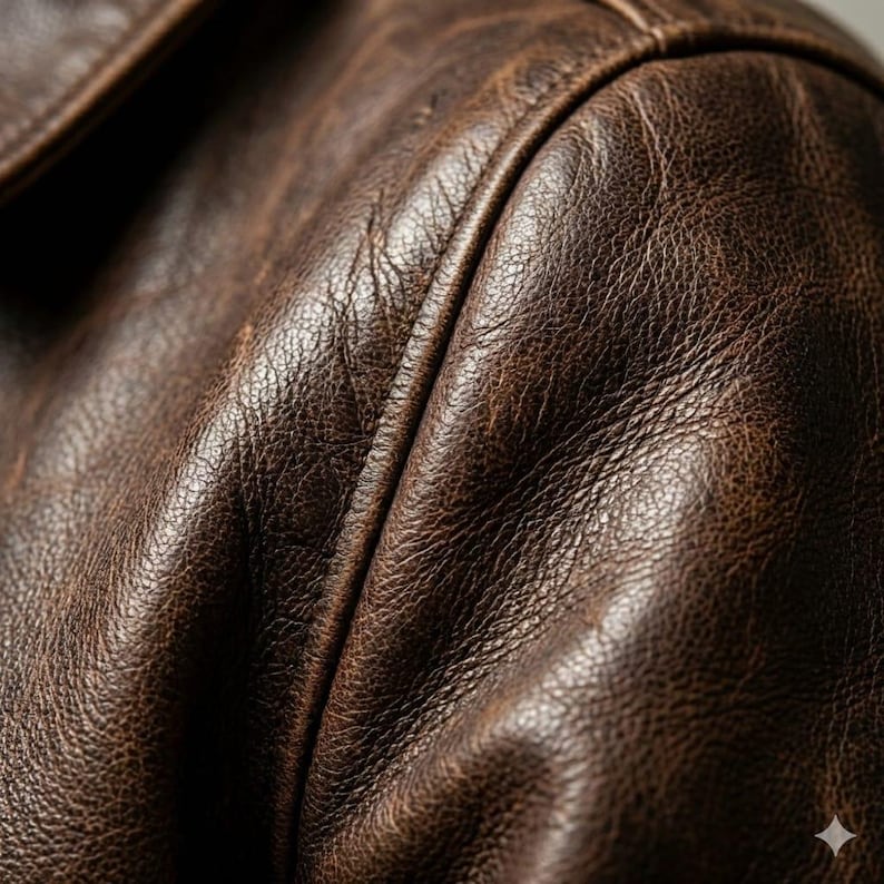 Peut inclure: Gros plan sur l'&eacute;paule d'une veste en cuir marron. Le cuir pr&eacute;sente un aspect vieilli et textur&eacute; avec un grain visible et de subtiles variations de couleur. Les coutures sont visibles le long des coutures.