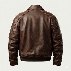 Peut inclure: Veste en cuir marron de style bombardier. La veste a un col, des d&eacute;tails matelass&eacute;s aux &eacute;paules et aux bras, et une poche zipp&eacute;e sur la manche gauche. Elle a un ourlet et des poignets c&ocirc;tel&eacute;s.