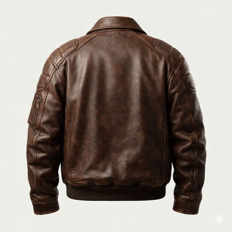 Peut inclure: Veste en cuir marron de style bombardier. La veste a un col, des d&eacute;tails matelass&eacute;s aux &eacute;paules et aux bras, et une poche zipp&eacute;e sur la manche gauche. Elle a un ourlet et des poignets c&ocirc;tel&eacute;s.
