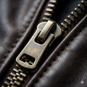 Peut inclure: Gros plan sur la fermeture &eacute;clair d'une veste en cuir marron. La fermeture &eacute;clair est en m&eacute;tal laiton vieilli et est partiellement ferm&eacute;e. Le cuir a une surface textur&eacute;e et des coutures visibles.