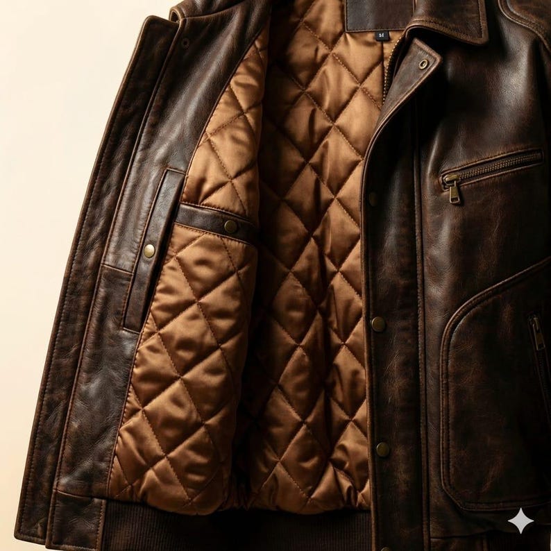 Peut inclure: Veste en cuir marron avec une finition vieillie. La veste pr&eacute;sente une doublure en satin marron matelass&eacute;, une fermeture boutonn&eacute;e et plusieurs poches. Le col est de style classique &agrave; revers et la veste a un ourlet c&ocirc;tel&eacute;.